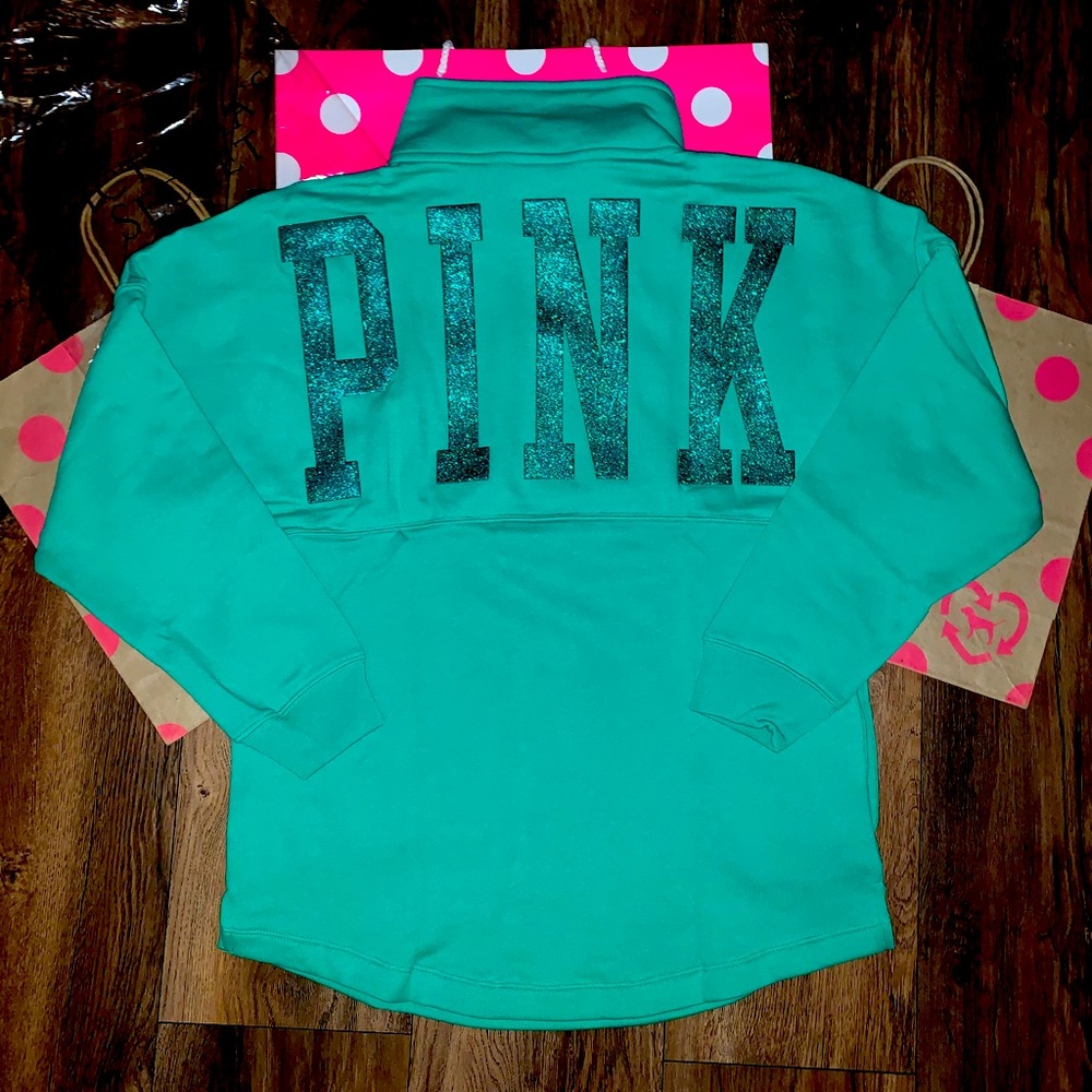 NEW VS PINK Electric Green Glitter Logo Fleece Quarter Zip Varsity Sweatshirt.